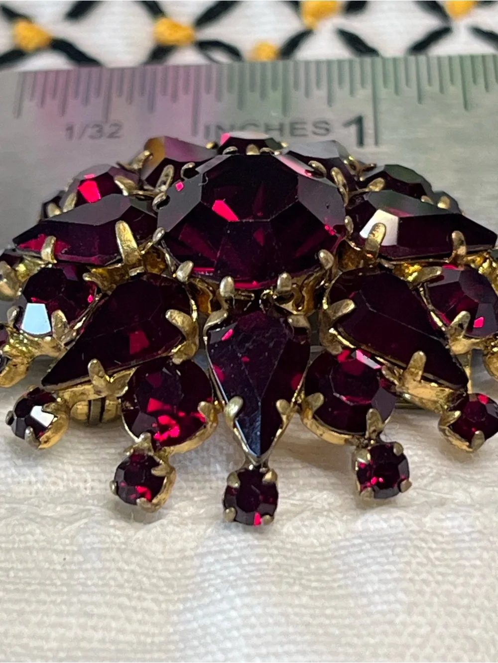 Vintage Austria Ruby Red Rhinestone Brooch High Dome Gold Tone MCM